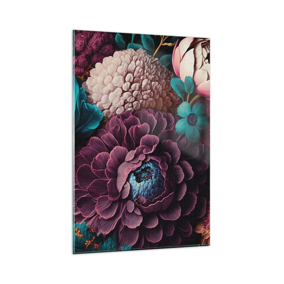 Glasbild - Bild auf glas - Ein Blumenstrauß in intensiven Farben auf dunklem Hintergrund - 80x120cm - Natur in Hülle und Fülle - Moderne Wanddekoration für Wohnzimmer und Schlafzimmer ARTTOR