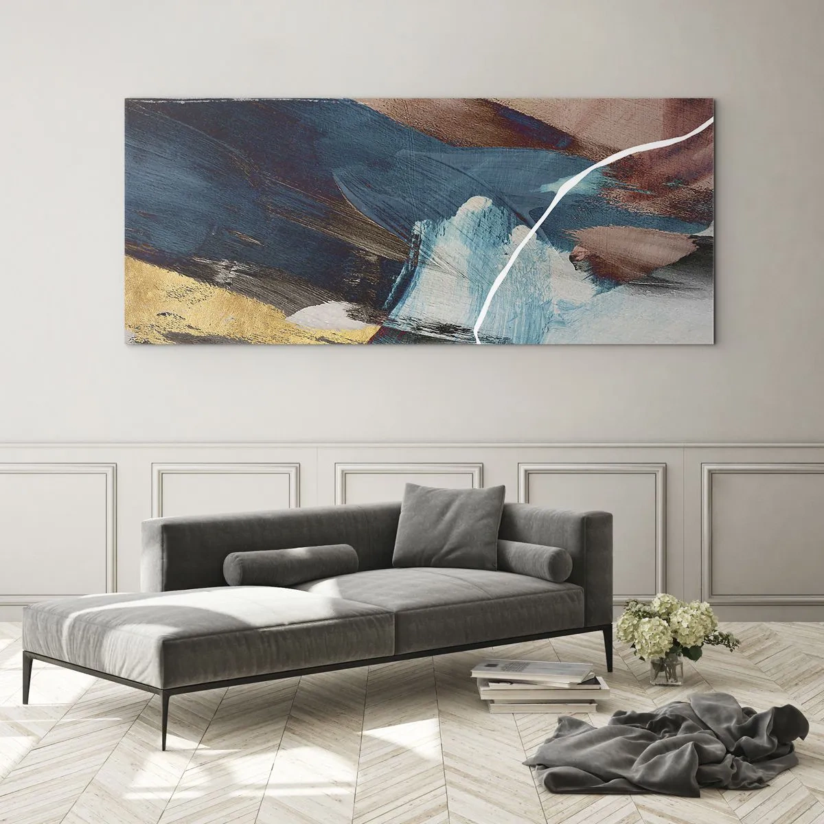 Glasbild - Bild auf glas - Abstrakte Pinselstriche in Blau- und Goldtönen - 160x50cm - Großzügig und mit Energie - Moderne Wanddekoration für Wohnzimmer und Schlafzimmer ARTTOR
