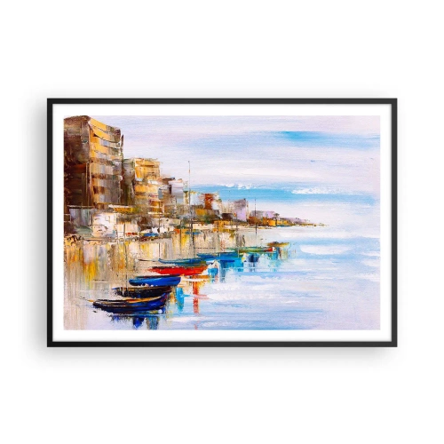 Poster in einem schwarzem Rahmen - Bunte Boote am Ufer mit Blick auf die Skyline der Stadt - 100x70cm - Bunte urbane Oase - Moderne Wanddekoration für Wohnzimmer und Schlafzimmer ARTTOR