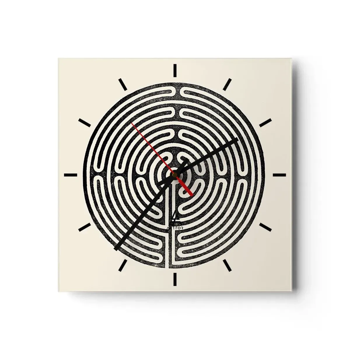 Wanduhr - Glasuhr - Schwarz-weißes kreisförmiges Labyrinth auf hellem Hintergrund - 30x30cm - Geheimnisvolle Ordnung - Moderne Wanddekoration für Wohnzimmer und Schlafzimmer ARTTOR