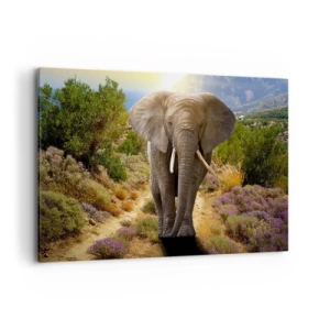Bild auf Leinwand - Leinwandbild - Ein afrikanischer Elefant vor einer Savannen- und Berglandschaft - 120x80cm - So sah Eden aus - Moderne Wanddekoration für Wohnzimmer und Schlafzimmer ARTTOR