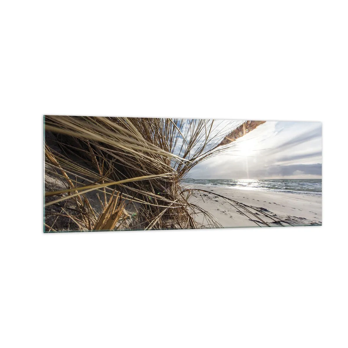 Glasbild - Bild auf glas - Ein Strand mit trockenem Gras auf den Dünen und Blick auf das Meer - 140x50cm - Ein Treffen der Elemente der Natur - Moderne Wanddekoration für Wohnzimmer und Schlafzimmer ARTTOR