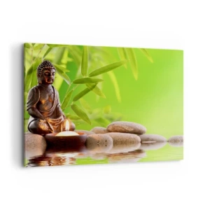 Bild auf Leinwand - Leinwandbild - Buddha-Figur mit Steinen und einer Kerze vor Bambus-Hintergrund - 100x70cm - Das Leben ist wunderschoen - Moderne Wanddekoration für Wohnzimmer und Schlafzimmer ARTTOR