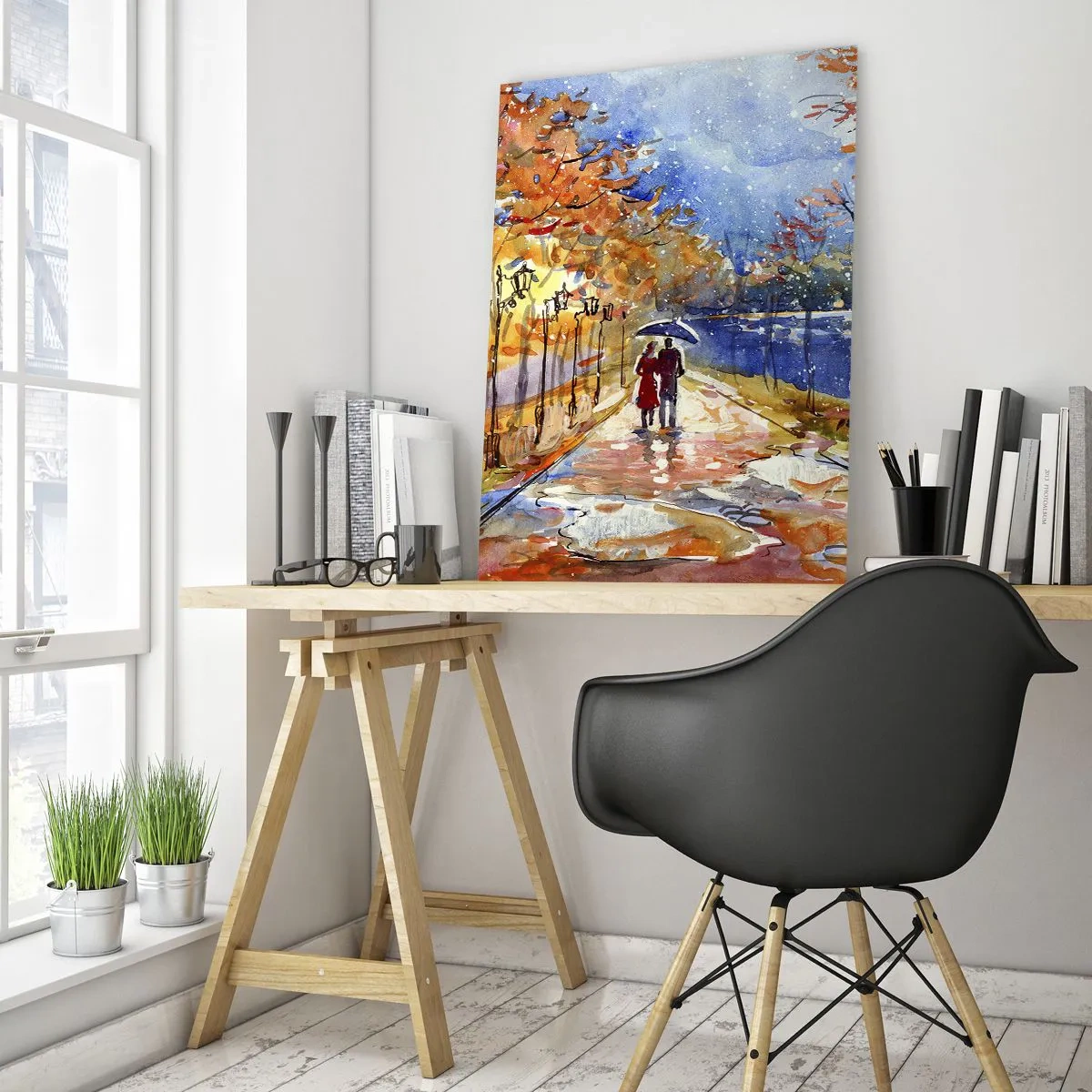 Glasbild - Bild auf glas - Ein Herbstspaziergang im Park am Flussufer unter einem Regenschirm - 80x120cm - Gemeinsam bis an die Grenze der Zeit - Moderne Wanddekoration für Wohnzimmer und Schlafzimmer ARTTOR