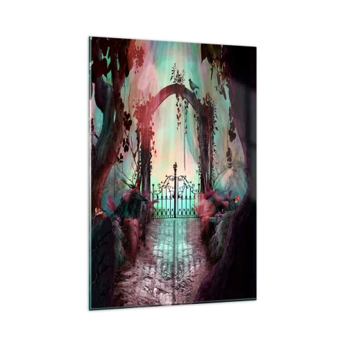 Glasbild - Bild auf glas - Ein magischer Eingang mit einem schmiedeeisernen Tor, umgeben von geheimnisvoller Vegetation - 80x120cm - Geheimer Garten - Moderne Wanddekoration für Wohnzimmer und Schlafzimmer ARTTOR