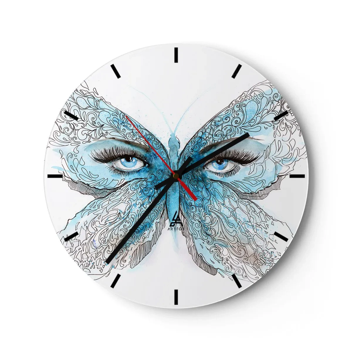 Wanduhr - Glasuhr - Blauer Schmetterling mit Augendetail und zartem künstlerischem Muster - 30x30cm - Eros Blaumeise - Moderne Wanddekoration für Wohnzimmer, Küche und Schlafzimmer ARTTOR