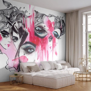 Fototapete Premium Sand - Das Gesicht einer Frau in einer ausdrucksstarken Aquarell- und Skizzenkomposition - 100x70cm - Abstrakte Augen - Moderne Wanddekoration für Wohnzimmer und Schlafzimmer ARTTOR