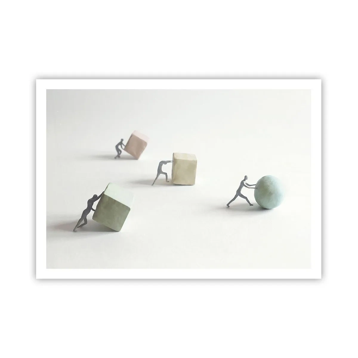 Poster - Miniaturfiguren, die Formen vor einem hellen Hintergrund schieben - 100x70cm - Pures Leben - Moderne Wanddekoration für Wohnzimmer und Schlafzimmer ARTTOR