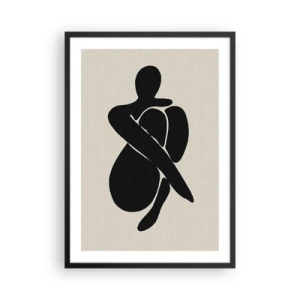 Poster in einem schwarzem Rahmen - Abstrakte Figur in einer Pose mit um den Körper geschlungenen Armen, Schwarz-Weiß-Illustration - 50x70cm - In deinen eigenen Armen - Moderne Wanddekoration für Wohnzimmer und Schlafzimmer ARTTOR