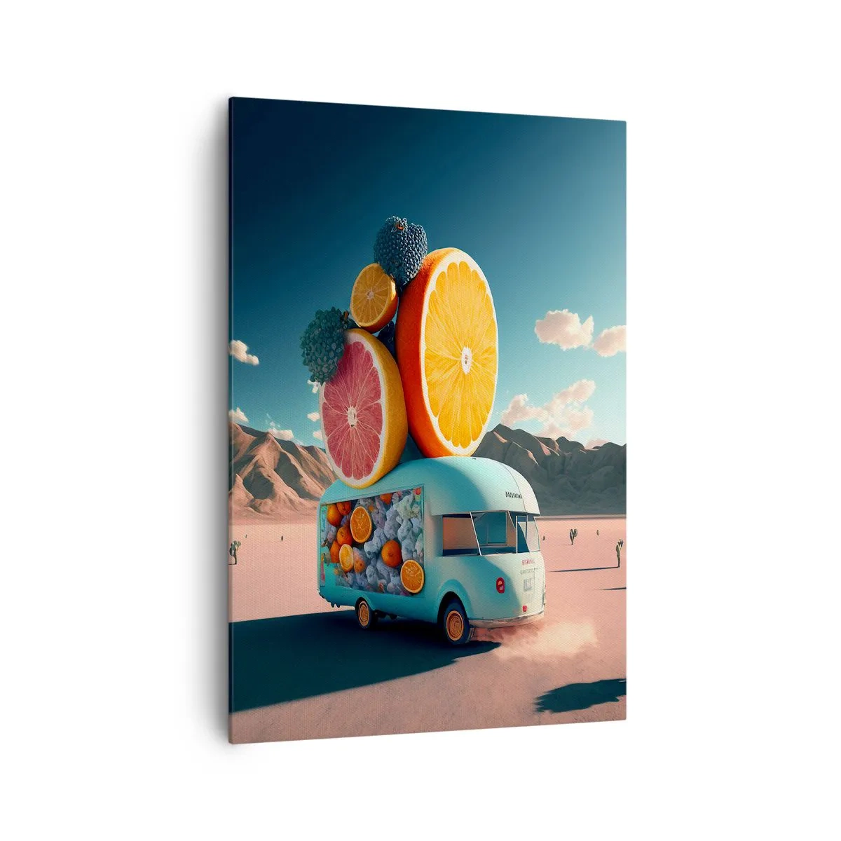 Bild auf Leinwand - Leinwandbild - Obstwagen in einer Wüstenlandschaft - 70x100cm - Geschmack von Urlaub - Moderne Wanddekoration für Wohnzimmer und Schlafzimmer ARTTOR