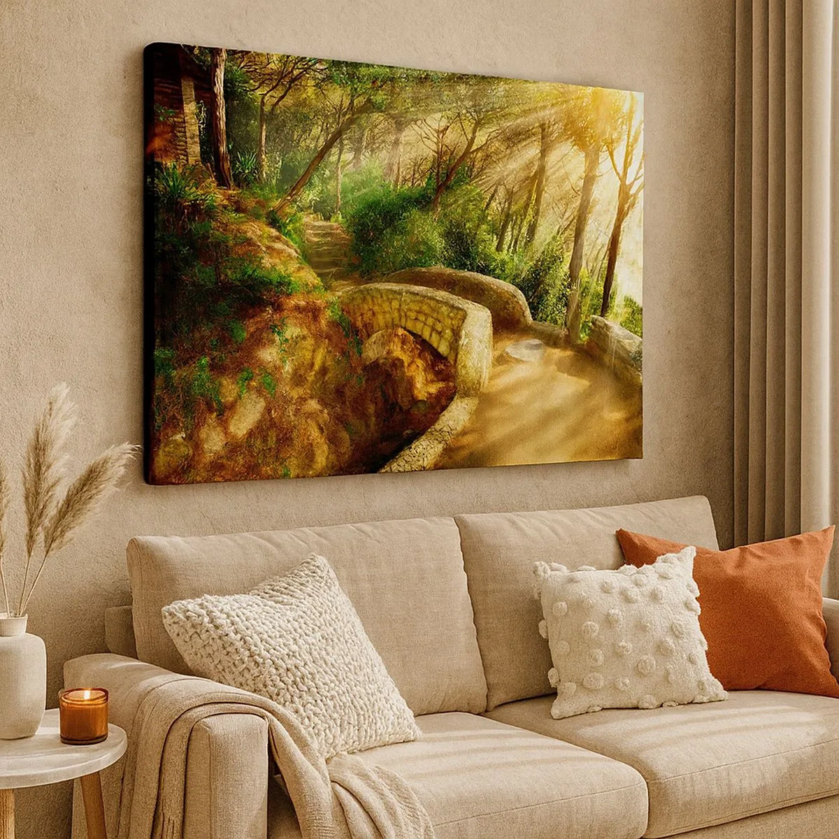 Bild auf Leinwand - Leinwandbild - Waldlandschaft mit Sonnenstrahlen und einer Steinbrücke - 70x50cm - Direkt von der Brücke in den Märchenwald - Moderne Wanddekoration für Wohnzimmer und Schlafzimmer ARTTOR
