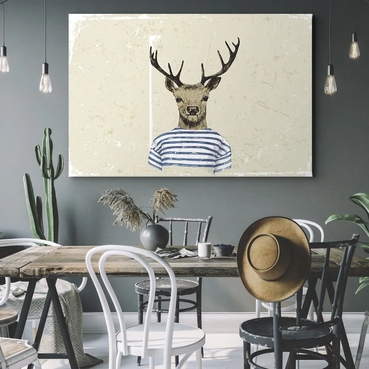 Bild auf Leinwand - Leinwandbild - Ein Hirsch im gestreiften Hemd auf hellem Hintergrund mit zarter Textur - 120x80cm - Weil ich gestreifte T-Shirts mag! - Moderne Wanddekoration für Wohnzimmer und Schlafzimmer ARTTOR