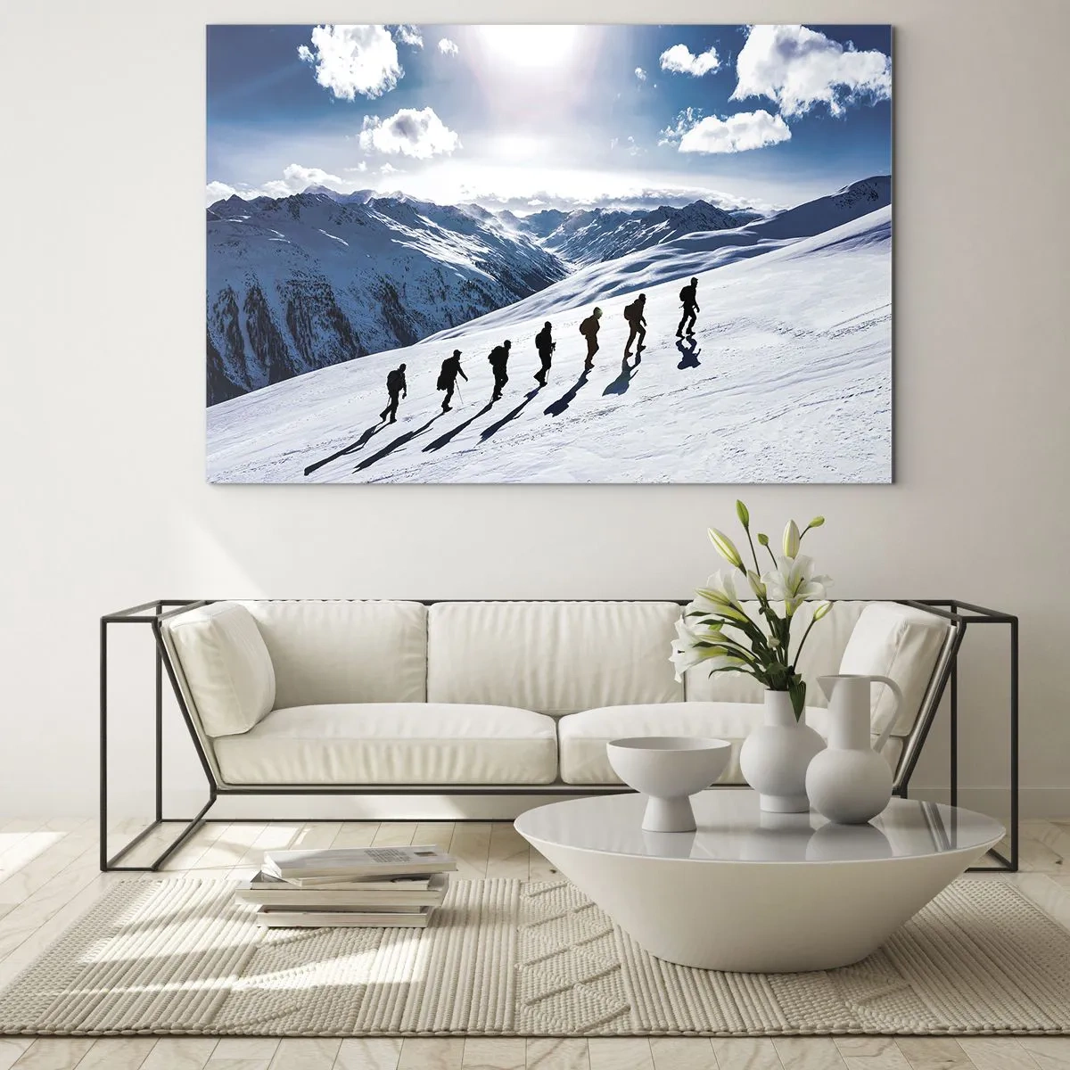 Glasbild - Bild auf glas - Gruppenklettern an einem schneebedeckten Hang in den Bergen - 70x50cm - Das Team der Eroberer - Moderne Wanddekoration für Wohnzimmer und Schlafzimmer ARTTOR