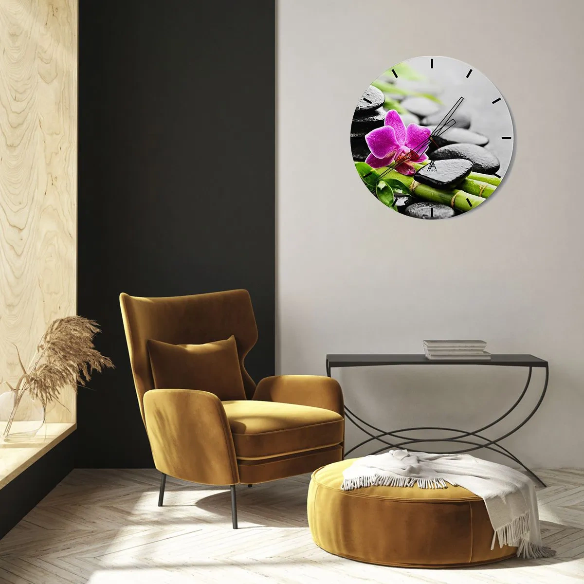 Wanduhr - Glasuhr - Lila Orchideenblüte auf einem Hintergrund aus Steinen und Bambus - 30x30cm - In ruhiger Balance - Moderne Wanddekoration für Wohnzimmer, Küche und Schlafzimmer ARTTOR