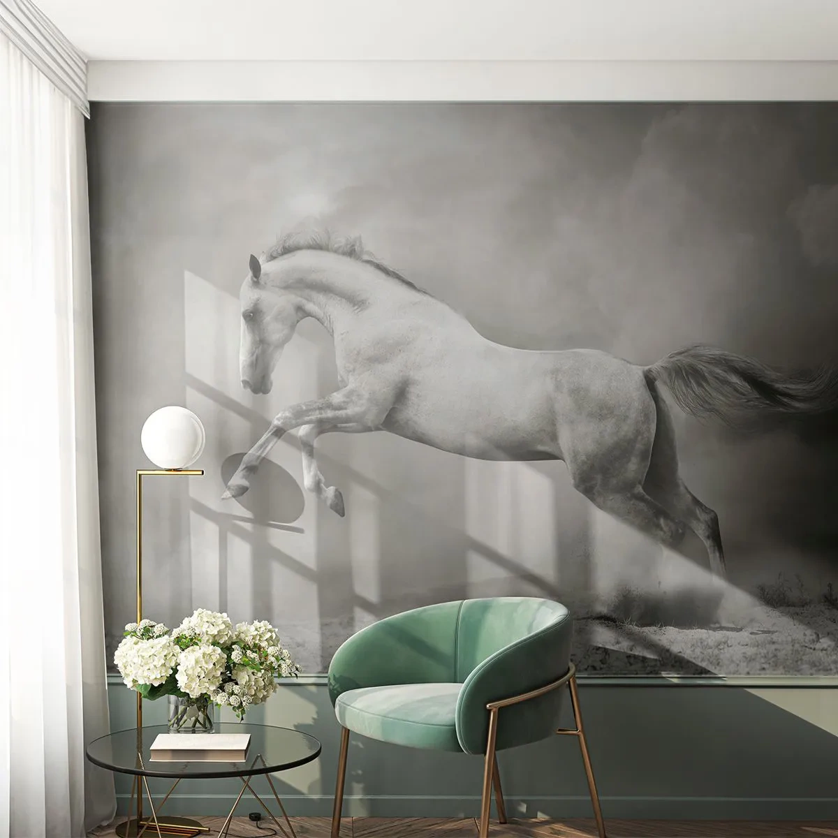 Fototapete Premium Sand - Ein springendes Pferd in einer schwarz-weißen Umgebung - 100x70cm - Zwischen Aufwachen und Schlafen - Moderne Wanddekoration für Wohnzimmer und Schlafzimmer ARTTOR
