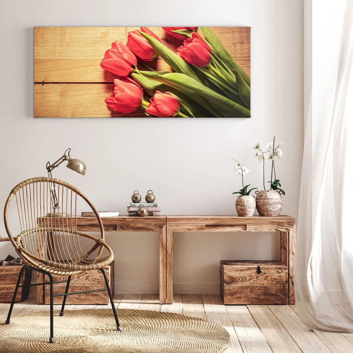 Bild auf Leinwand - Leinwandbild - Ein Strauß rosa Tulpen auf einem hölzernen Hintergrund - 160x50cm - Frühlingsgeständnis - Moderne Wanddekoration für Wohnzimmer und Schlafzimmer ARTTOR