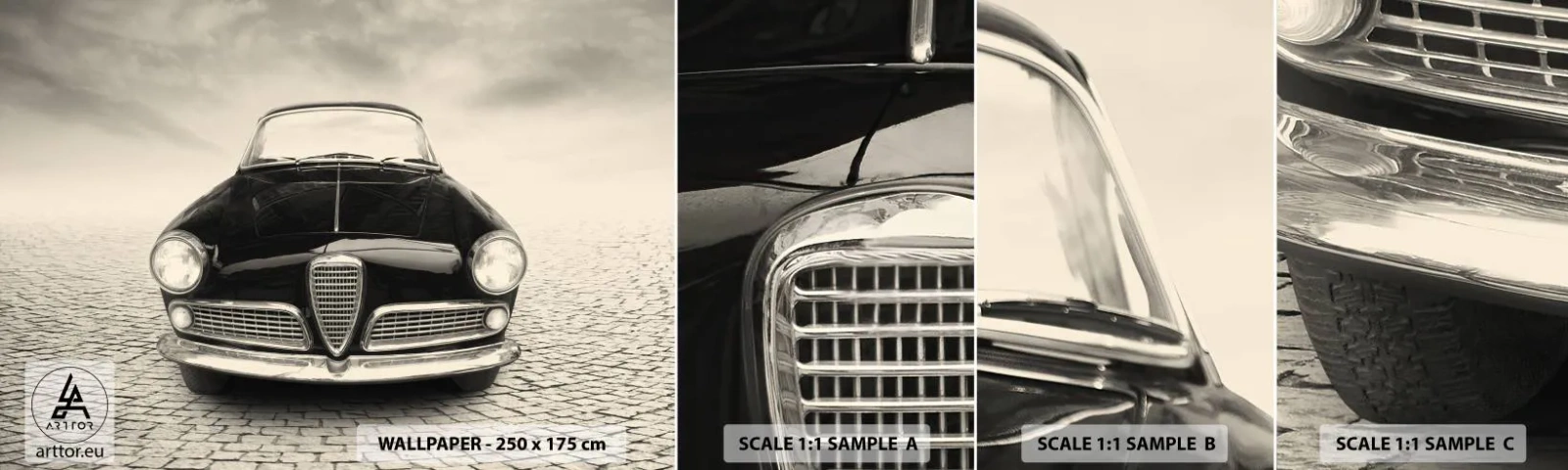 Fototapetenmuster Standard Eco - Man muss mich einfach lieben - Auto, Jahrgang, Schwarz und weiß - 100x30 cm