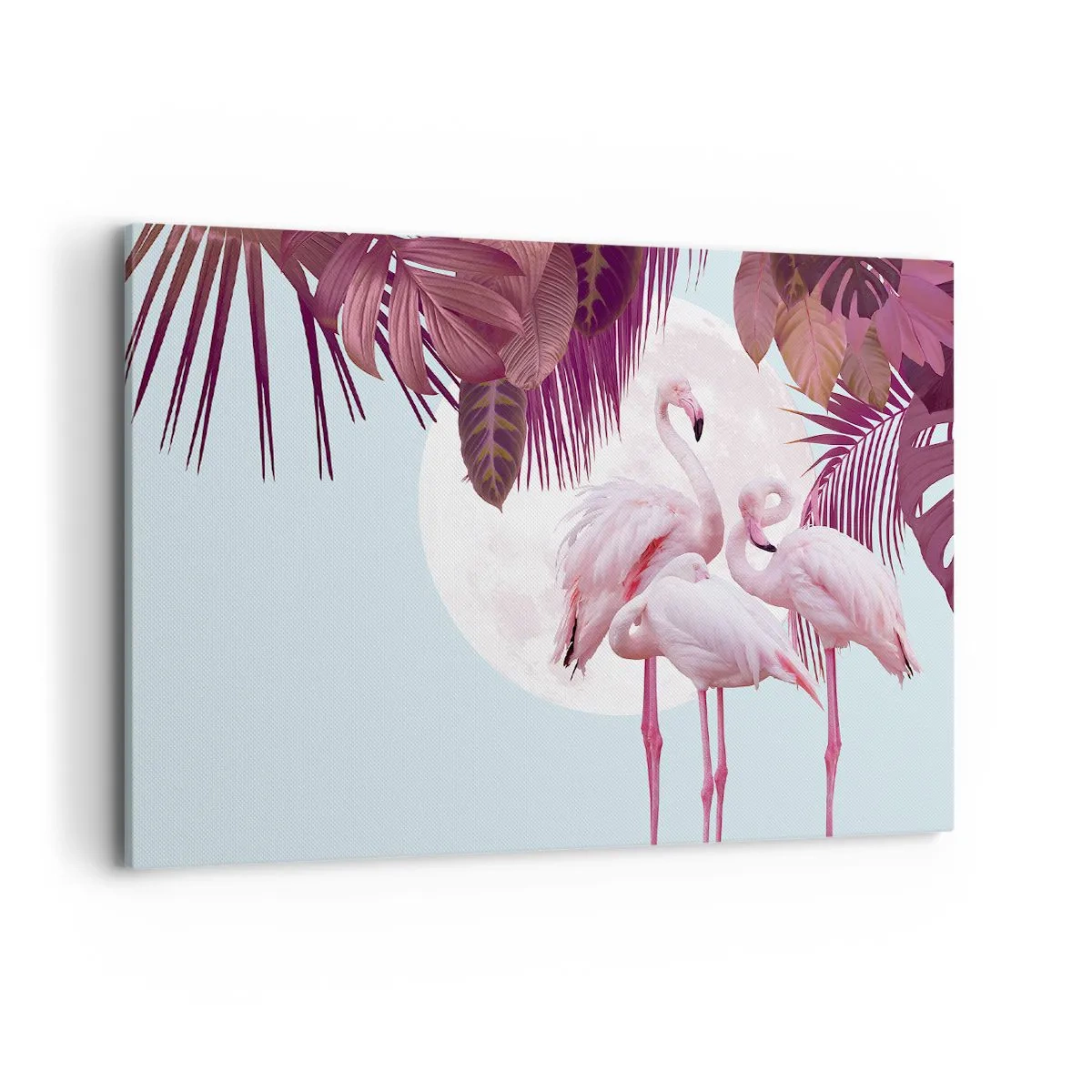 Bild auf Leinwand - Leinwandbild - Rosa Flamingos vor dem Hintergrund des Mondes und tropischer Blätter - 100x70cm - Drei Vogelgnaden - Moderne Wanddekoration für Wohnzimmer und Schlafzimmer ARTTOR