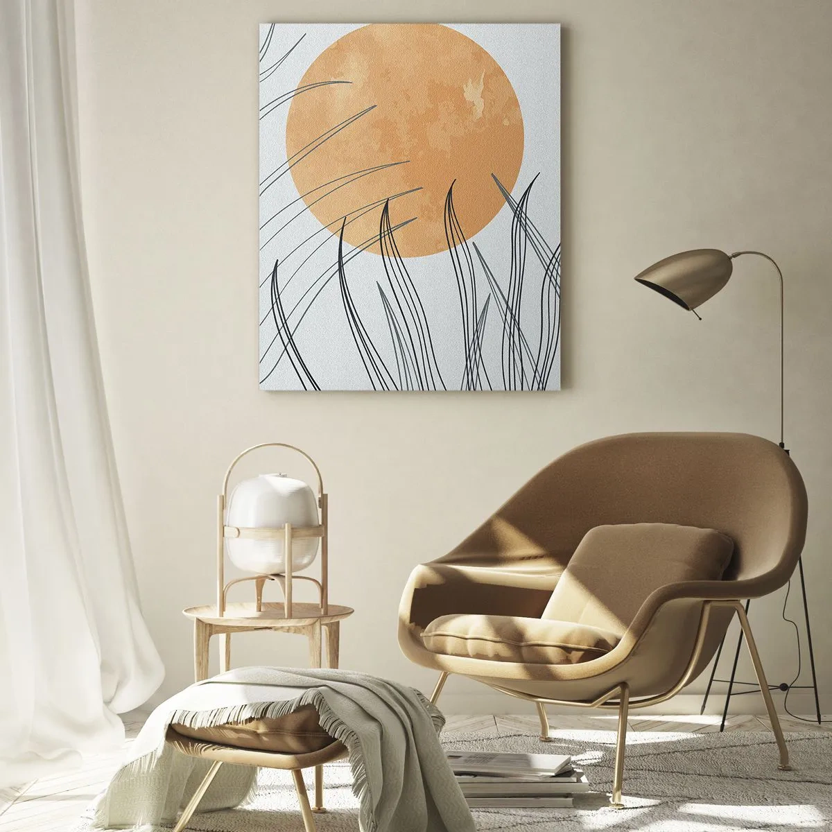 Glasbild - Bild auf glas - Abstrakte Grashalme vor dem Hintergrund einer großen orangefarbenen Sonne - 80x120cm - Immer der Sonne entgegen - Moderne Wanddekoration für Wohnzimmer und Schlafzimmer ARTTOR