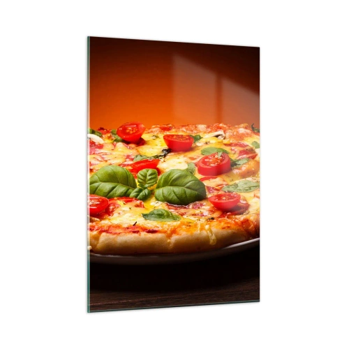 Glasbild - Bild auf glas - Pizza mit Tomaten, Basilikum und geschmolzenem Käse - 50x70cm - Mamma Mia! - Moderne Wanddekoration für Wohnzimmer und Schlafzimmer ARTTOR