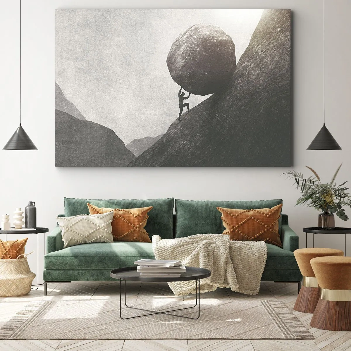 Bild auf Leinwand - Leinwandbild - Ein Mann klettert einen riesigen Felsbrocken einen Hügel hinauf - 120x80cm - Ich glaube wider alle Hoffnung - Moderne Wanddekoration für Wohnzimmer und Schlafzimmer ARTTOR