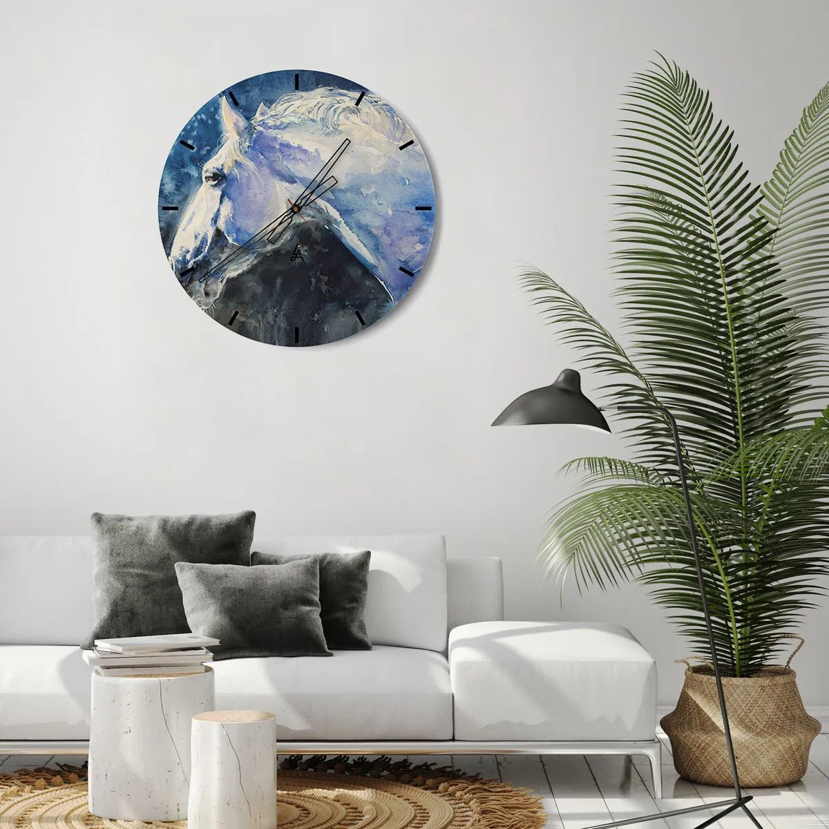 Wanduhr - Glasuhr - Künstlerisches Porträt eines Pferdes in Blau- und Weißtönen - 30x30cm - Porträt in blauem Glanz - Moderne Wanddekoration für Wohnzimmer, Küche und Schlafzimmer ARTTOR