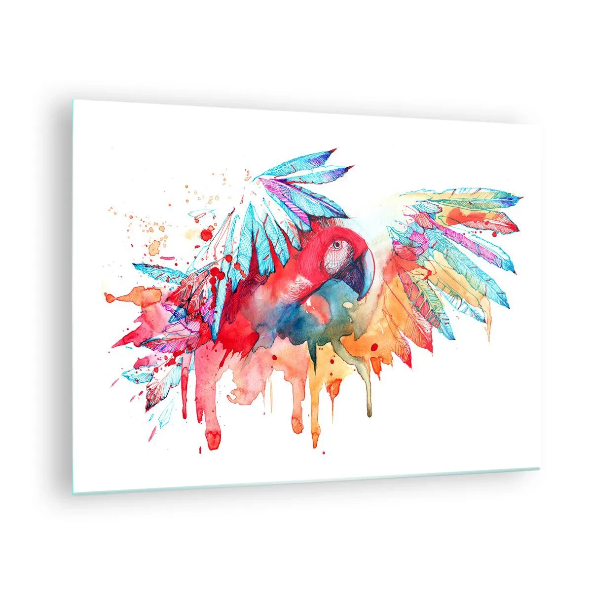Glasbild - Bild auf glas - Bunter Aquarellpapagei mit ausgebreiteten Flügeln - 70x50cm - Bunte Papageien - Moderne Wanddekoration für Wohnzimmer und Schlafzimmer ARTTOR