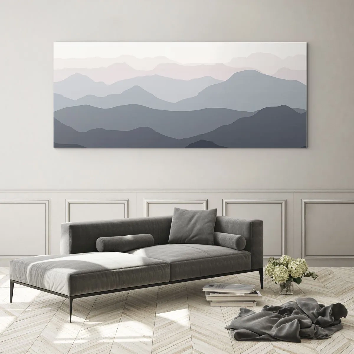 Glasbild - Bild auf glas - Dezente Bergschichten in Grau- und Blautönen - 140x50cm - Wellen der Berge - Moderne Wanddekoration für Wohnzimmer und Schlafzimmer ARTTOR