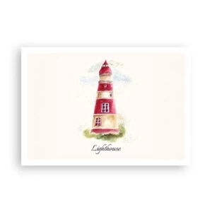 Poster - Ein Aquarell eines Leuchtturms auf hellem Hintergrund mit einer Inschrift - 100x70cm - Das Wetter ringsum ist immer gut - Moderne Wanddekoration für Wohnzimmer und Schlafzimmer ARTTOR