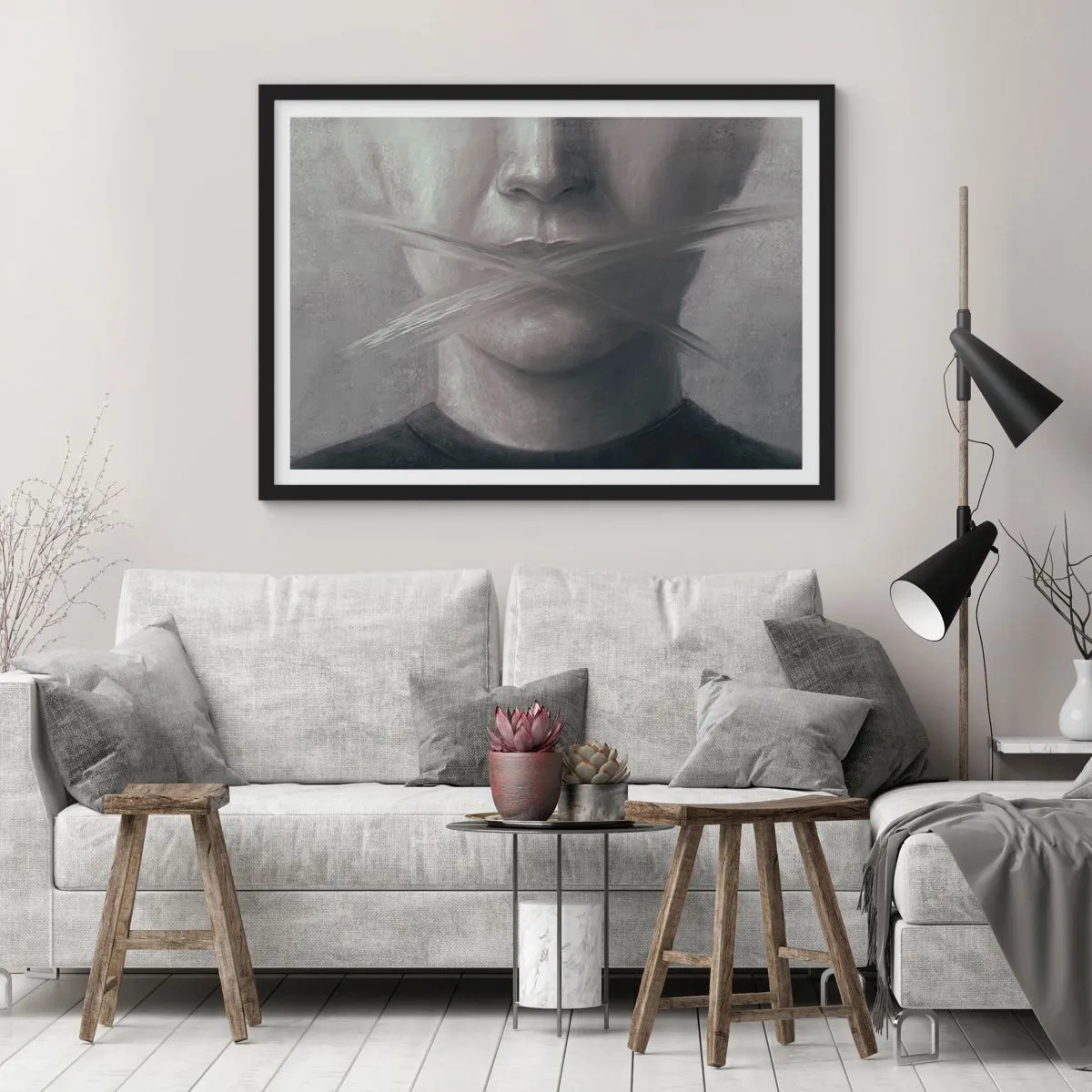 Poster in einem schwarzem Rahmen - Ein symbolisches Porträt mit verschwommenen Lippen in Grautönen. - 70x50cm - Ohne ein Wort - Moderne Wanddekoration für Wohnzimmer und Schlafzimmer ARTTOR