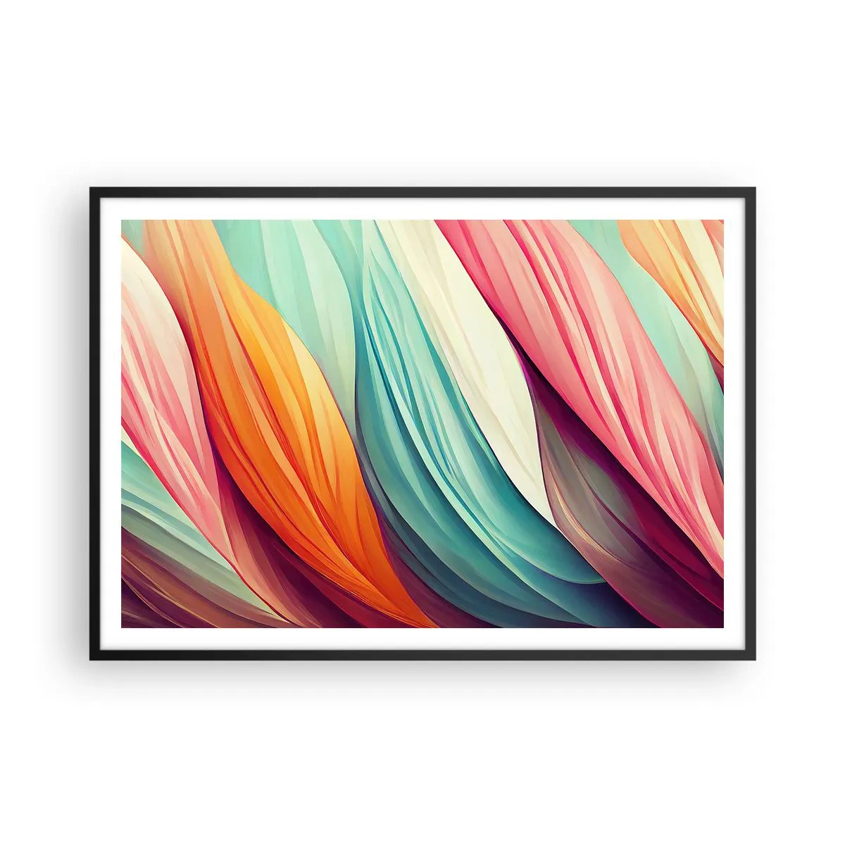 Poster in einem schwarzem Rahmen - Abstrakte Linien in Pastell- und leuchtenden Farben - 100x70cm - Regenbogengewebe - Moderne Wanddekoration für Wohnzimmer und Schlafzimmer ARTTOR