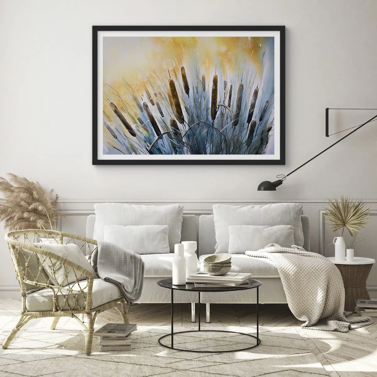 Poster in einem schwarzem Rahmen - Malerisches Schilf in den Sonnenstrahlen - 100x70cm - Die Kälte des Wassers, die Hitze der Sonne - Moderne Wanddekoration für Wohnzimmer und Schlafzimmer ARTTOR