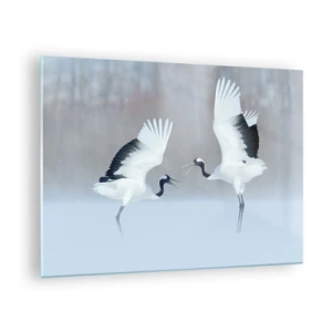 Glasbild - Bild auf glas - Tanzende Kraniche vor der Kulisse einer Winterlandschaft - 70x50cm - Tanz im Nebel - Moderne Wanddekoration für Wohnzimmer und Schlafzimmer ARTTOR