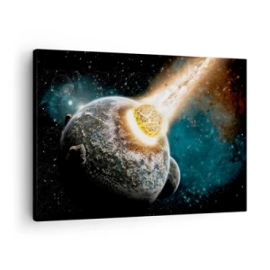 Bild auf Leinwand - Leinwandbild - Kosmische Kollision eines Planeten mit einem Asteroiden in der Nähe der Galaxie. - 70x50cm - Holocaust oder Geburt? - Moderne Wanddekoration für Wohnzimmer und Schlafzimmer ARTTOR