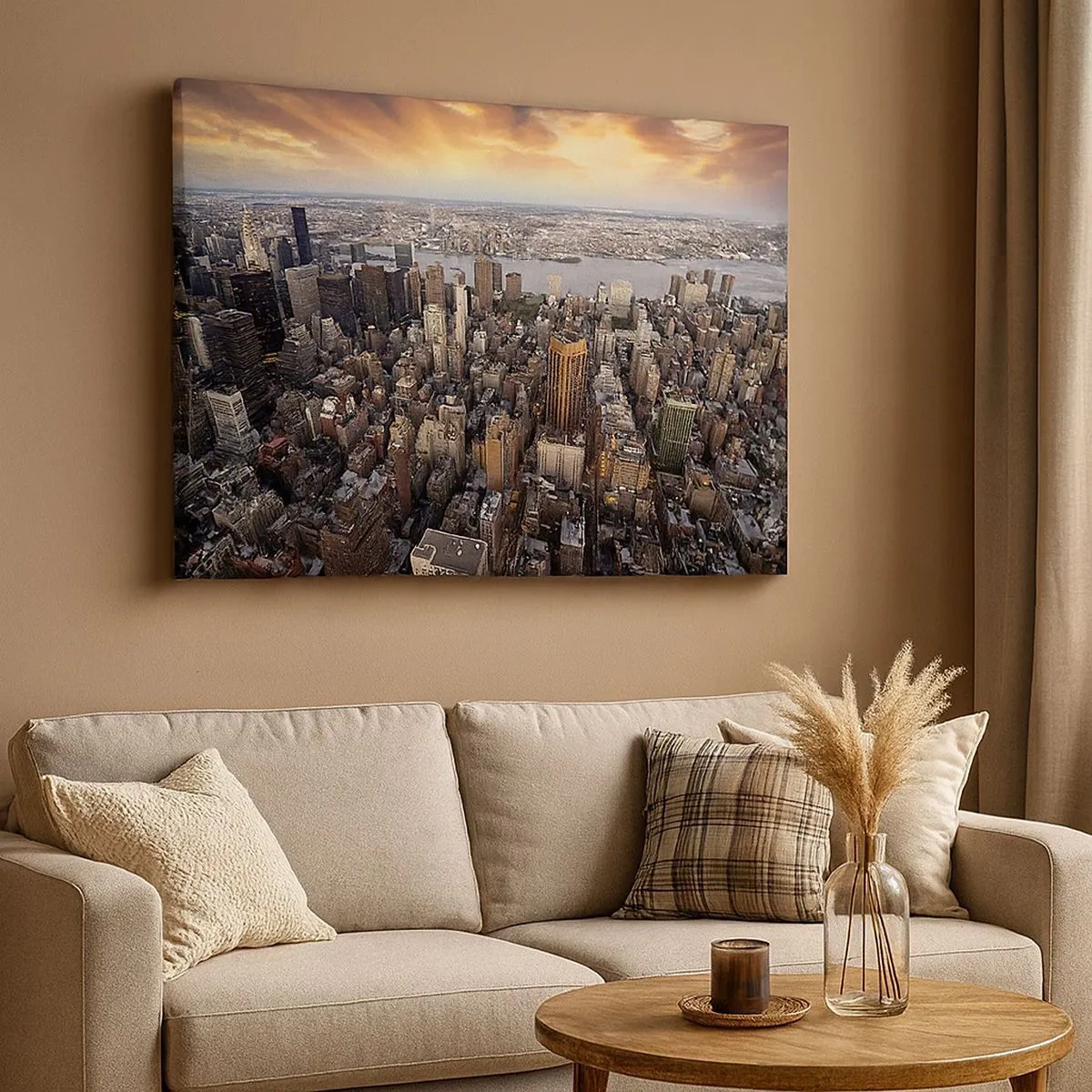 Bild auf Leinwand - Leinwandbild - Blick auf die Metropole mit der untergehenden Sonne - 70x50cm - Das schlagende Herz unserer Zeit - Moderne Wanddekoration für Wohnzimmer und Schlafzimmer ARTTOR