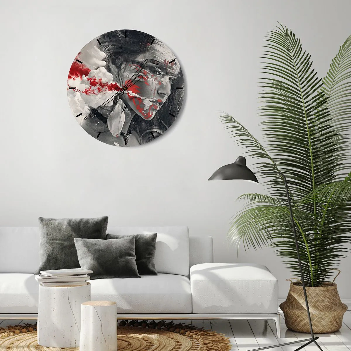 Wanduhr - Glasuhr - Ein Frauengesicht mit abstrakten roten und weißen Akzenten - 30x30cm - Im Dunst der Absurdität - Moderne Wanddekoration für Wohnzimmer, Küche und Schlafzimmer ARTTOR