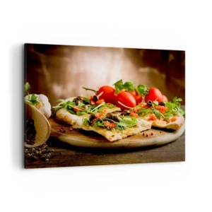 Bild auf Leinwand - Leinwandbild - Pizza mit Gemüse auf einem Holzbrett im rustikalen Stil - 100x70cm - Direkt vom Herd und aus dem Garten - Moderne Wanddekoration für Wohnzimmer und Schlafzimmer ARTTOR