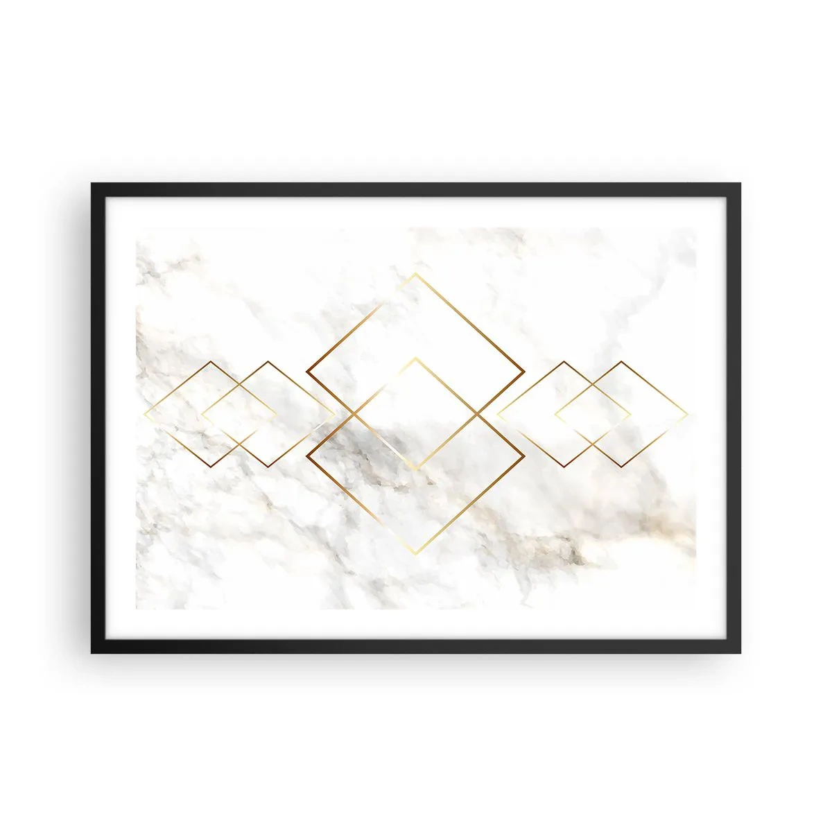 Poster in einem schwarzem Rahmen - Minimalistische goldene Rauten auf Marmorhintergrund - 70x50cm - Ein Blick in die Unendlichkeit - Moderne Wanddekoration für Wohnzimmer und Schlafzimmer ARTTOR