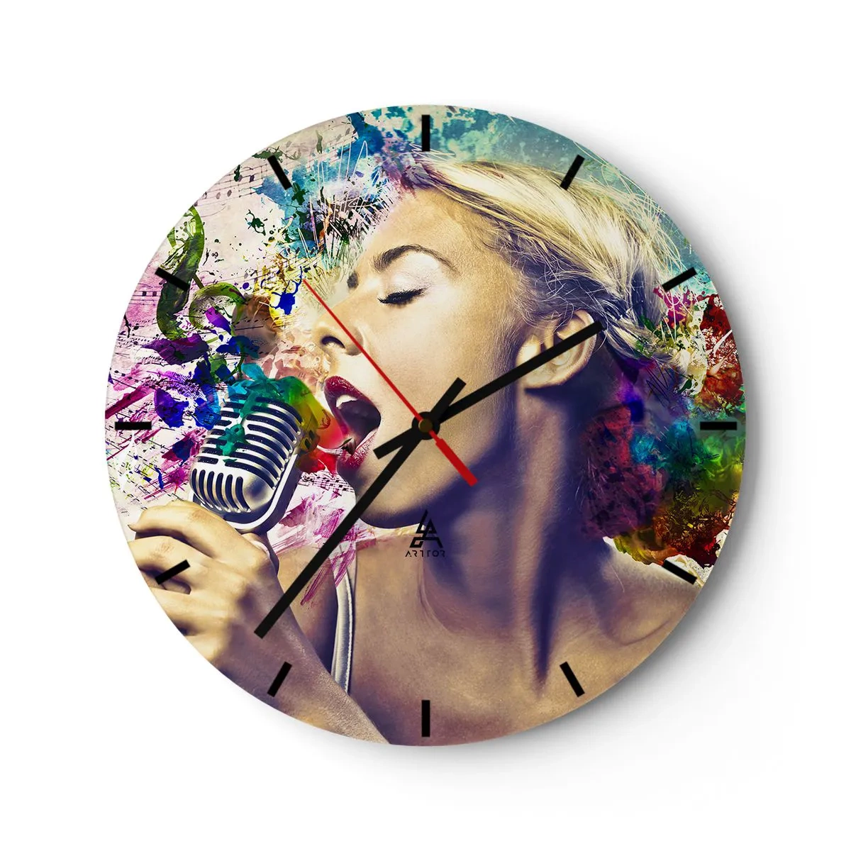 Wanduhr - Glasuhr - Eine farbenfrohe Figur, die mit musikalischer Untermalung in ein Mikrofon singt. - 30x30cm - Malen Sie die Welt mit Ihrer Stimme - Moderne Wanddekoration für Wohnzimmer, Küche und Schlafzimmer ARTTOR