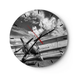 Wanduhr - Glasuhr - Ein Schwarzweißfoto eines Flugzeugs mit Wolken im Hintergrund. - 30x30cm - Ich kann es kaum erwarten! - Moderne Wanddekoration für Wohnzimmer, Küche und Schlafzimmer ARTTOR