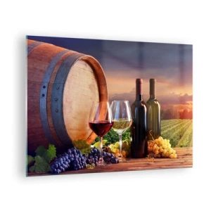 Glasbild - Bild auf glas - Weinreben, ein Fass und Gläser vor der Kulisse der untergehenden Sonne - 70x50cm - Hier schmeckt das Leben - Moderne Wanddekoration für Wohnzimmer und Schlafzimmer ARTTOR
