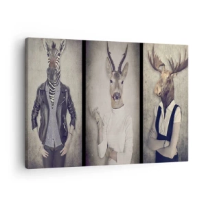 Bild auf Leinwand - Leinwandbild - Ein Triptychon mit Tierfiguren in Menschenkleidung vor künstlerischem Hintergrund - 70x50cm - Lass die Gesten sprechen - Moderne Wanddekoration für Wohnzimmer und Schlafzimmer ARTTOR