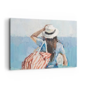 Bild auf Leinwand - Leinwandbild - Eine Frau mit Hut vor dem blauen Meer - 100x70cm - Willkommen in den Sommerferien - Moderne Wanddekoration für Wohnzimmer und Schlafzimmer ARTTOR