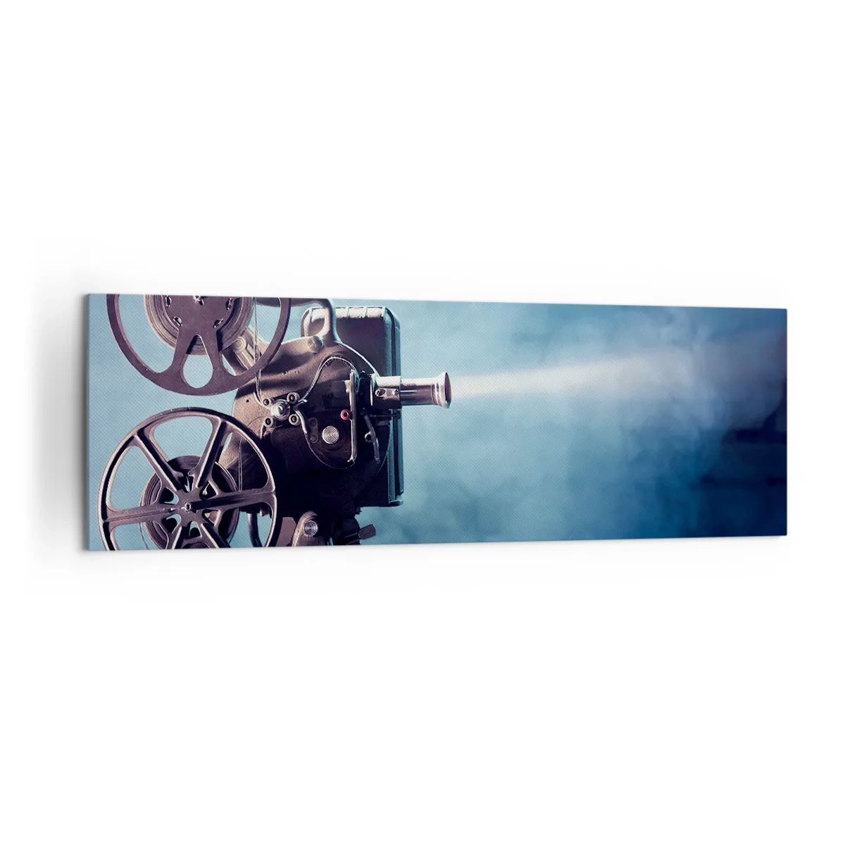 Bild auf Leinwand - Leinwandbild - Ein alter Filmprojektor wirft Licht vor einen blauen Hintergrund - 160x50cm - Im alten Kino - Moderne Wanddekoration für Wohnzimmer und Schlafzimmer ARTTOR