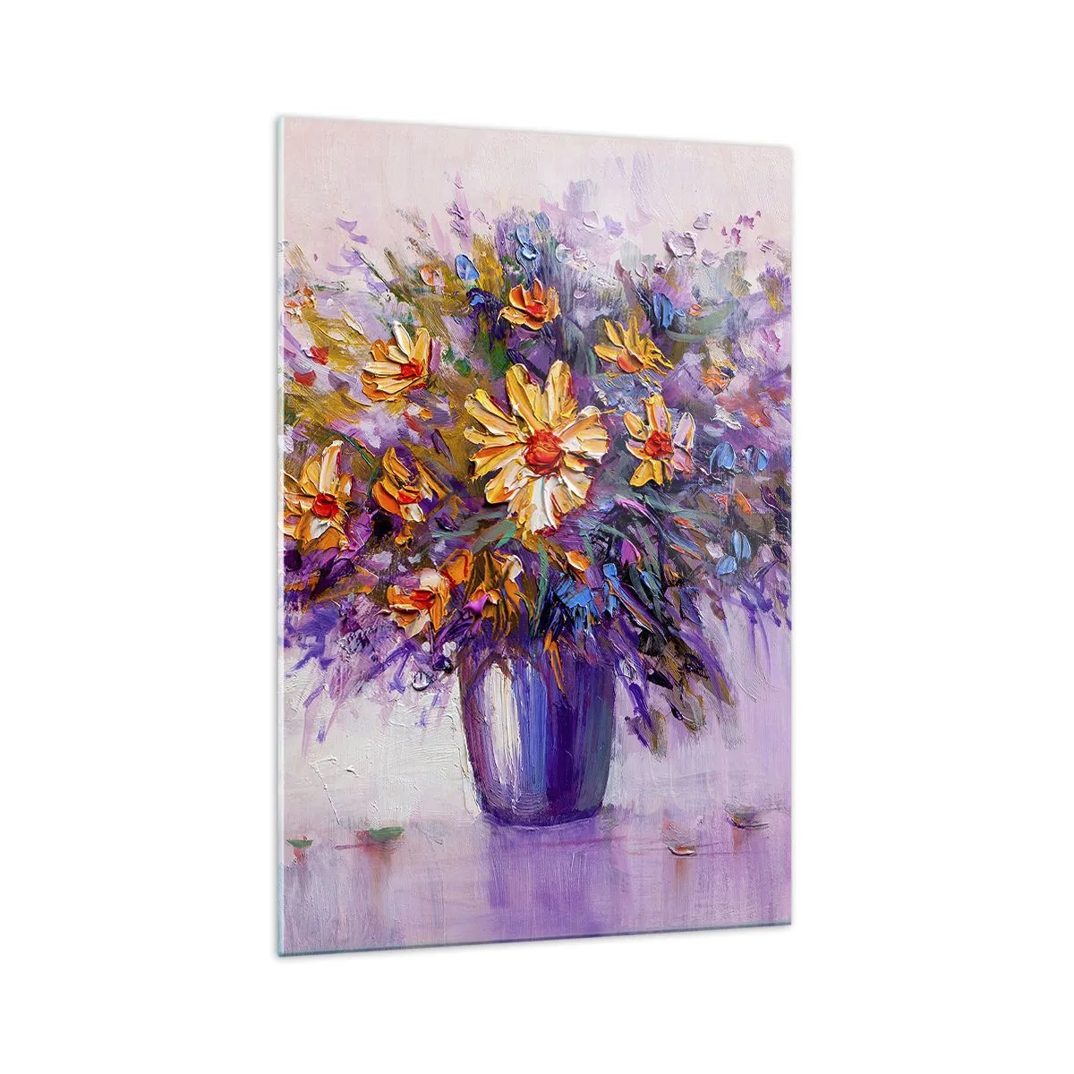 Glasbild - Bild auf glas - Ein Blumenstrauß in einer Vase auf pastellfarbenem Hintergrund - 70x100cm - Es riecht süß, sieht süß aus - Moderne Wanddekoration für Wohnzimmer und Schlafzimmer ARTTOR