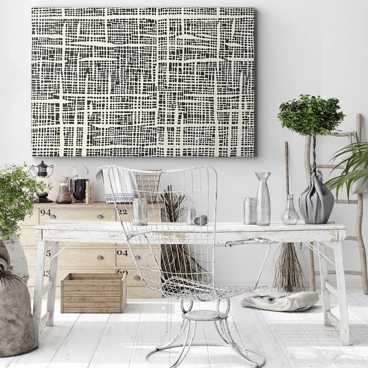 Bild auf Leinwand - Leinwandbild - Ein geometrisches Muster, das einem Gitter auf hellem Hintergrund ähnelt - 100x70cm - Gewebte Komposition - Moderne Wanddekoration für Wohnzimmer und Schlafzimmer ARTTOR