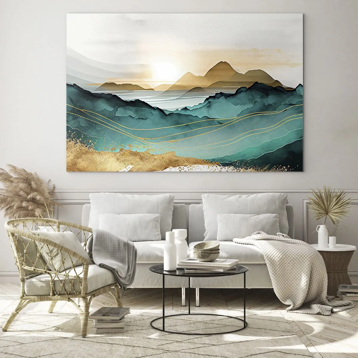 Glasbild - Bild auf glas - Eine gold- und türkisfarbene Berglandschaft im Aquarellstil. - 70x50cm - Am Rande der Abstraktion – Landschaft - Moderne Wanddekoration für Wohnzimmer und Schlafzimmer ARTTOR