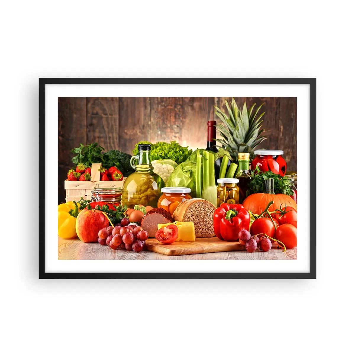 Poster in einem schwarzem Rahmen - Buntes Obst, Gemüse und Lebensmittel - 70x50cm - Geräuchert, gebacken und eingelegt - Moderne Wanddekoration für Wohnzimmer und Schlafzimmer ARTTOR