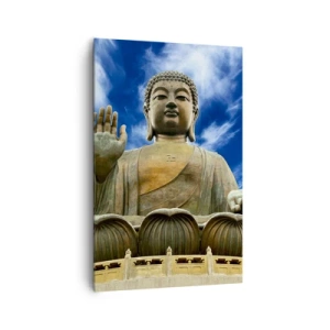 Bild auf Leinwand - Leinwandbild - Eine monumentale Buddha-Statue vor einem blauen Himmel mit Wolken - 80x120cm - Leben ohne Angst - Moderne Wanddekoration für Wohnzimmer und Schlafzimmer ARTTOR