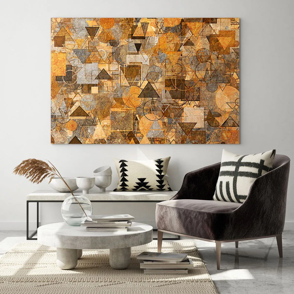 Glasbild - Bild auf glas - Abstrakte geometrische Komposition in warmen Tönen - 120x80cm - Die Welt in Form - Moderne Wanddekoration für Wohnzimmer und Schlafzimmer ARTTOR